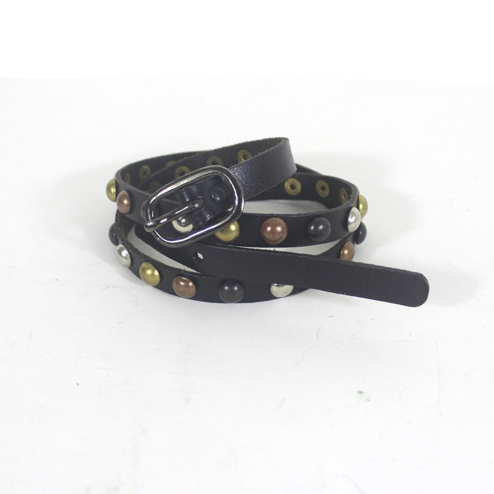 Italian Skinny Studded Black Leather Belt Silver Copper Gold Dome Studs Punk